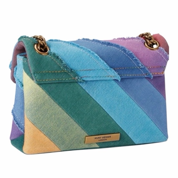 Kurt Geiger Denim Mini Kensington Multicolor Diagonal Stripe Chain Shoulder Bag - Picture 5 of 5